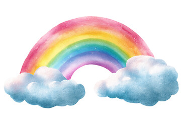 Watercolor Rainbow Over Fluffy Clouds, PNG