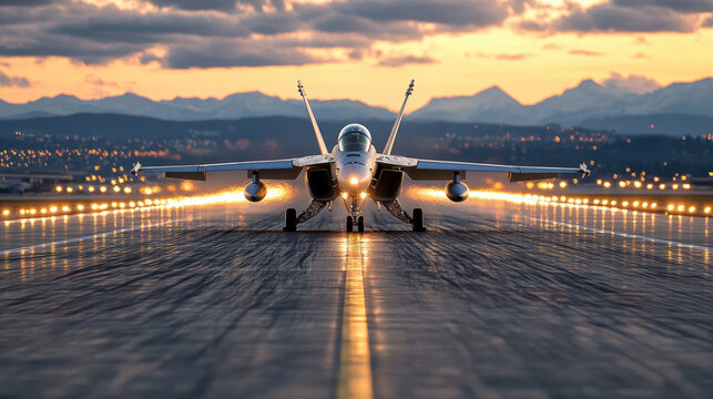 Fighter jet on during sunset, showcasing powerful presence and dramatic lighting