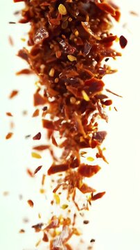 Swirling Chipotle Morita Flakes Detailed Close Up Shot of Falling Red Brown Spices Flavorful Cooking Ingredients with Bright Background in Studio Lighting