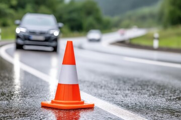 Orange traffic cone on wet asphalt road, blurred car in background, safety measure.
