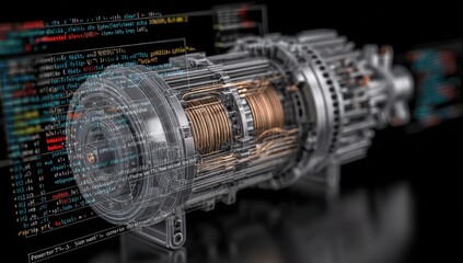 3D model of an engine, overlaid with code