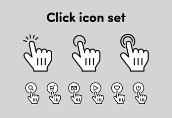 ボタンをクリックする指のアイコンセット　モノクロ