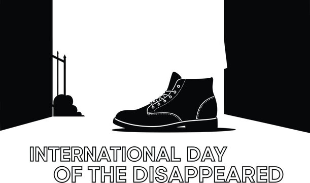 Vector art of a poignant silhouette of a boot stands before an open doorway, symbolizing the international day of the disappeared, a day of remembrance and advocacy