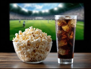 A bowl of popcorn and a glass of cola with ice, on a table, in front of a tv showing a sport event.