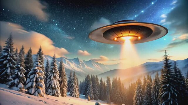 This visually stunning stock footage showcases a mysterious alien spacecraft casting a brilliant light over a tranquil winter wonderland.
