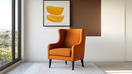 Visually striking product photography, commercial poster of a living room, Mocha Mousse wall, bold accent chair