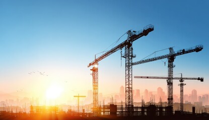 Silhouette cranes at sunrise over construction site