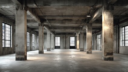 Empty industrial space with large windows and concrete pillars
