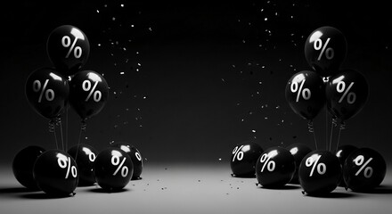 Photo of black balloons with percentage signs create a dramatic scene for a promotional sale event
