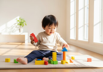 ブロックで遊ぶ子ども 積み木