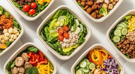 Assortment of fresh and colorful salad bowls filled with healthy vegetables and nutritious ingredients