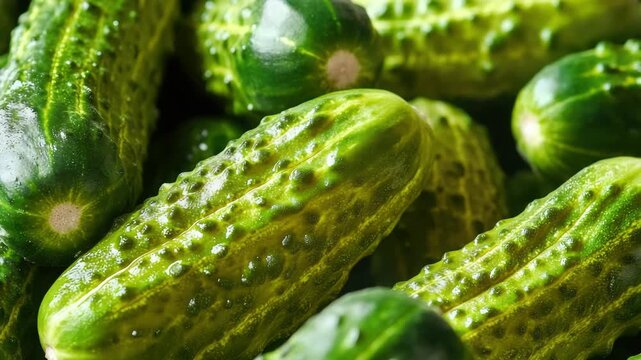 Close-up of green cucumbers with small drops on them, suggesting freshness and possibly morning dew. Good for health, used in cuisine.