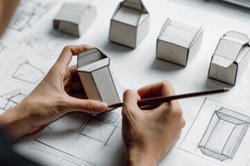 Hands sketching & holding paper product models