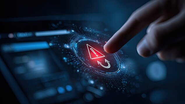 Hand touching a digital dashboard warning