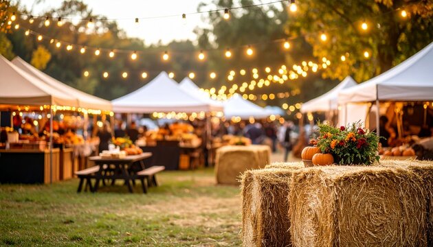 Outdoor Autumn Festival with String Lights and Hay Bales