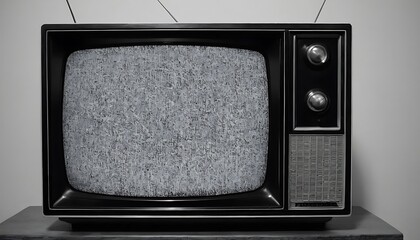 Grayscale image of a vintage TV set showing classic screen static