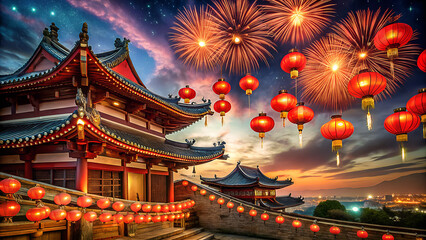 Fototapeta premium Vibrant chinese new year celebration with traditional architecture and spectacular fireworks lighting up the night sky