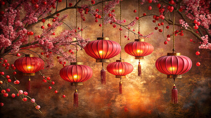 Fototapeta premium Vibrant red chinese lanterns illuminated against a backdrop of blooming pink cherry blossom branches creating a festive and celebratory atmosphere