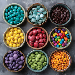 Colorful candies displayed in small dishes on gray background