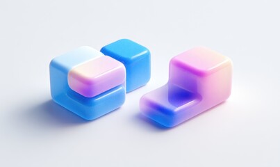 Obraz premium Three colorful, glossy cubes, two light blue/white and one pink/purple, on a white surface
