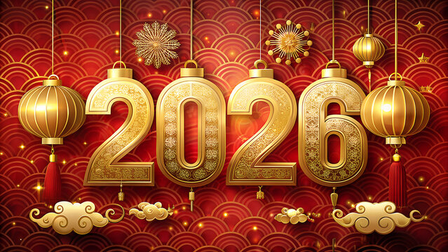 Golden 2020 numbers with traditional chinese new year decorations and lanterns hanging against a vibrant red textured background symbolizing prosperity and celebration - Powered by Adobe