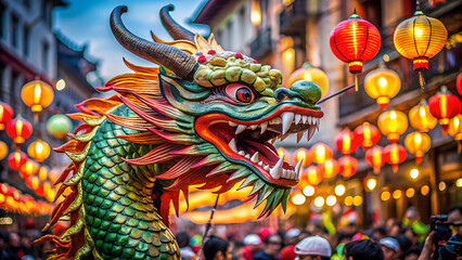 Fototapeta premium Vibrant chinese dragon parade floats through a festive city street decorated with colorful balloons during a celebration
