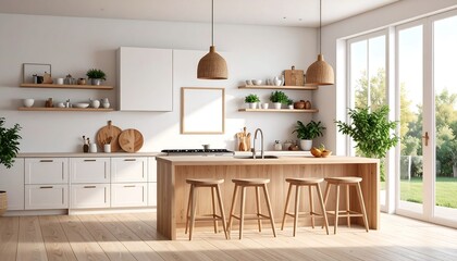 Bright, minimalist kitchen with island, wooden stools, and open shelving