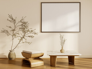 Minimalist Interior with Empty Picture Frame, Vase, and Wooden Coffee Table in Modern Living Room