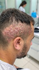 Close-Up of Psoriasis on Adult Scalp in Medical Setting