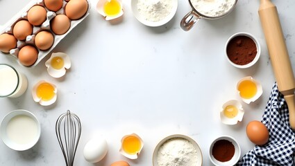Baking ingredients arranged in a circle on a white surface