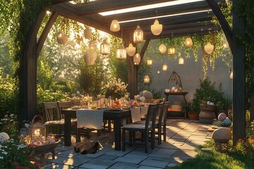 Fototapeta premium A peaceful 3D dining setup in a lush garden, with glowing lanterns suspended from a pergola and decorative Easter centerpieces enhancing the table’s charm , created by ai