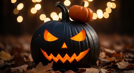 Photo of a spooky black jack olantern with an orange pumpkin on top sits among autumn leaves at night
