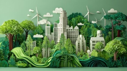Eco-Friendly Urban Landscape with Wind Turbines and Lush Greenery