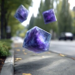 Floating purple-blue cubes hover over a city sidewalk