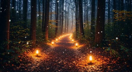 Obraz premium Photo of a path illuminated by warm lights winds through a dark and enchanting forest