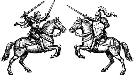 Woodcut illustration of fighting knights, horsemen. Vintage grunge vector design element for artworks, poster, cards, web and collages.
