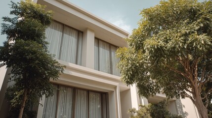 Modern House with Large Windows and Lush Green Trees