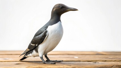 A lone black crow with a white beak stands on the beach, its feathers ruffled by the sea wind