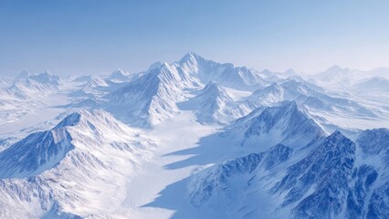 Obraz premium Majestic mountains covered in snow create breathtaking landscape with glaciers and icebergs in distance, evoking sense of wonder