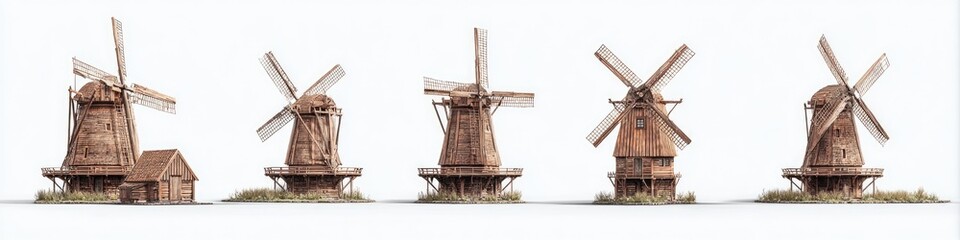 Four antique wooden windmills