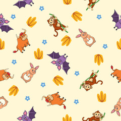 Cute wild animals seamless pattern for baby shower decor, nursery print, kindergarteen wallpaper, fabric, and textile. Vector illustration
