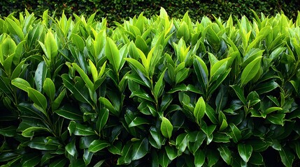Close-up view of a dense hedge of vibrant green foliage.