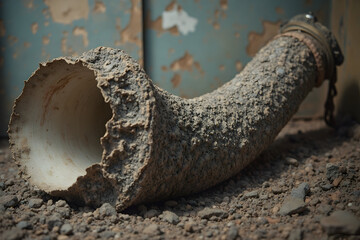 Old Horn Shaped Pipe on Rocky Ground, Weathered and Worn