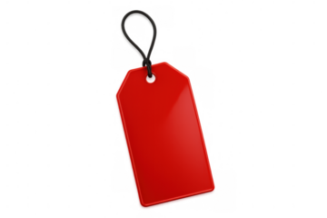 Red label dangling from string, transparent backdrop emphasizing sales, promotions, special pricing opportunities