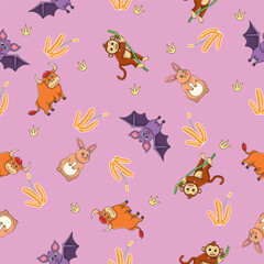 Cute wild animals seamless pattern for baby shower decor, nursery print, kindergarteen wallpaper, fabric, and textile. Vector illustration