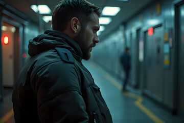 Man Waiting in Underground Station Wearing Jacket Looking Away
