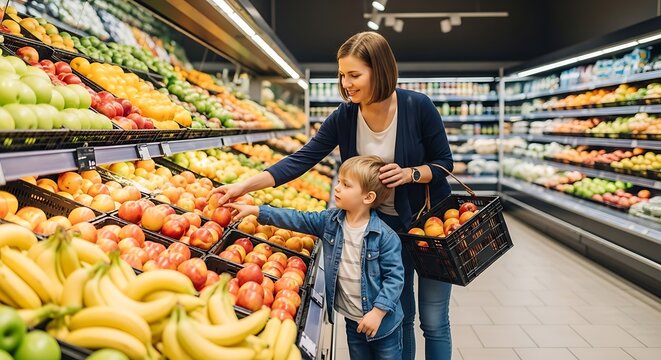 Caring mother and son choosing fresh, healthy fruits together in a supermarket produce aisle.