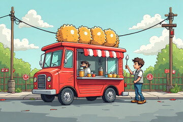 Boy Buying Food From a Red Food Truck on a Sunny Day Illustration
