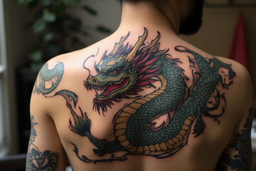 Man with Dragon Tattoo on Back Body Art