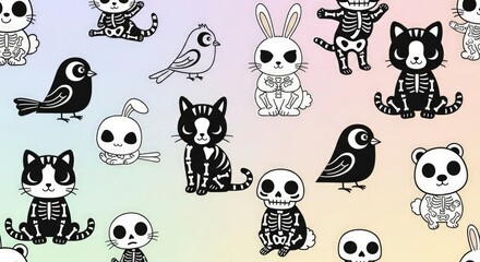 Pattern of skeletonthemed animals cats rabbits birds  pandas on a multicolored backdrop